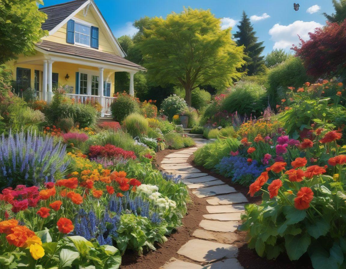 A lush, thriving garden filled with colorful flowers, various vegetables, and healthy plants under a bright blue sky. Include gardening tools like a trowel and watering can, and a person tending to the garden, showcasing techniques like pruning and planting. Surrounding elements like butterflies and birds add life to the scene, emphasizing the beauty of nature and outdoor success. vibrant colors. super-realistic.