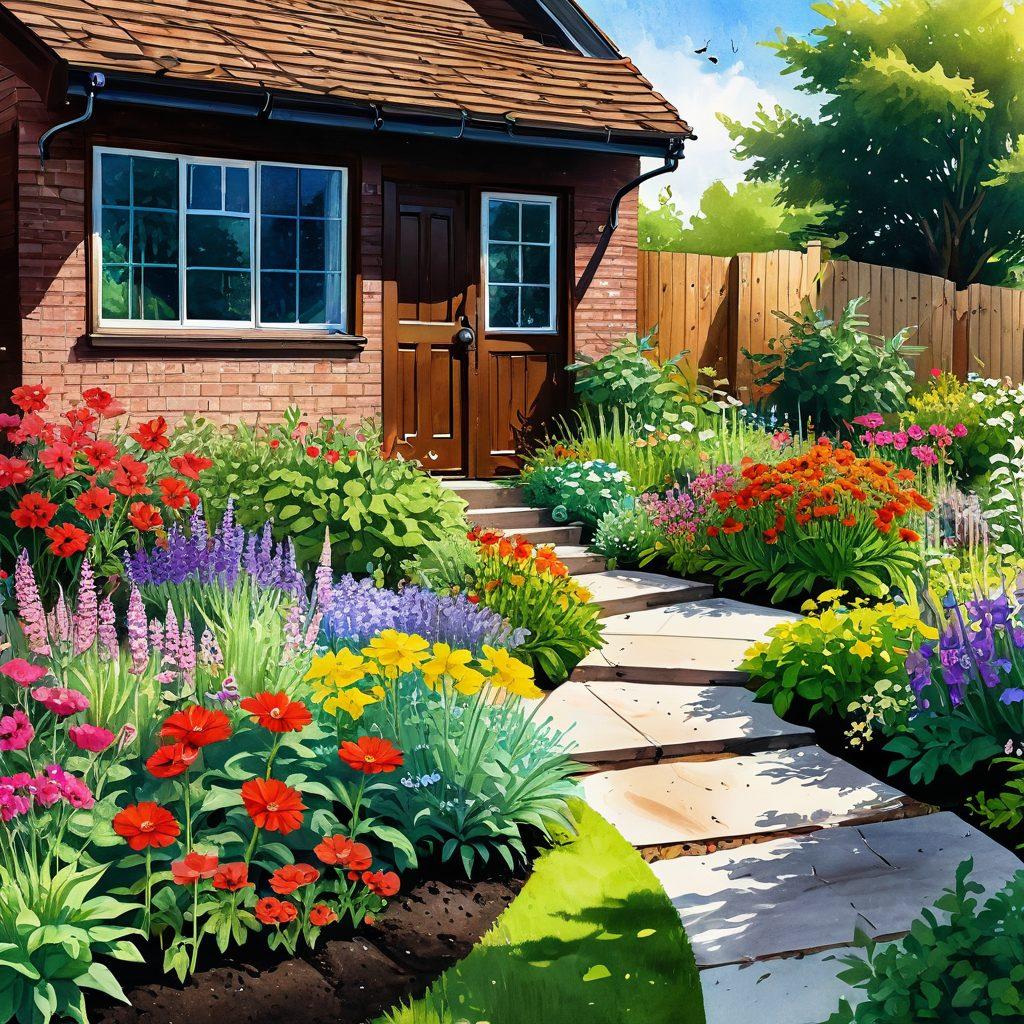 A lush garden scene showcasing a variety of vibrant, healthy plants with rich, dark soil. Incorporate composting bins, gardening tools, and colorful flowers, while emphasizing a harmonious blend of nature and practicality. Include a bright sun shining down, with butterflies and bees buzzing around, symbolizing biodiversity. Capture the beauty of sustainable practices, like rainwater collection and companion planting. watercolor illustration. bright and cheerful colors. natural texture.